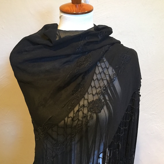 Black Fringed Embroidered Shawl / Sheer Embroidere