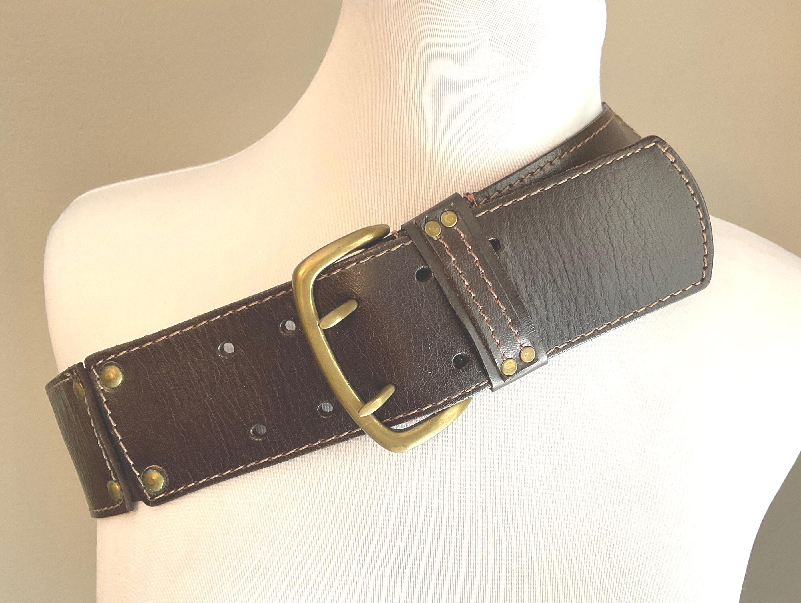 Dimensions Italian Leather Studded Wrap Around Belt Brown with Brass Studs Med BRASS/ GOLD Stud Belt Genuine Leather Three Row Rock Goth  main image 3