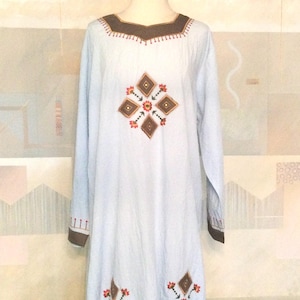 Caftan Embroider Maxi Tunic Robe L / Boho Ethnic Embroider Caftan / Caftan Embroidered Tunic / Caftan Lt Ice Blue Cotton Embroid Maxi
