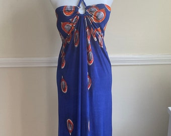 Strapless Halter Maxi Dress with Peacock Feather Print / Halter Neck Cord Tassel Ties Maxi Print Dress