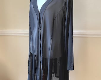 CUPIO Sheer Black Button Down Tunic Shirt Dress Lg 44” Chest / Black Sheer Tunic Low V Long Sleeves SharkBite Hem