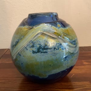Blown Glass Round Vase Studio Art Glass Vase / Blues Olive Gray Raised Surface Swirls / Handblown Round Glass Vase Original Studio Art Vase