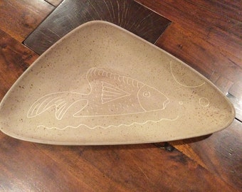 MCM GRETA PETERSON California Slip Pottery Bowl / Mid Century 20" Slip Cast Fish Bowl / Signed Peterson California Ceramic Atomic Shape Bowl