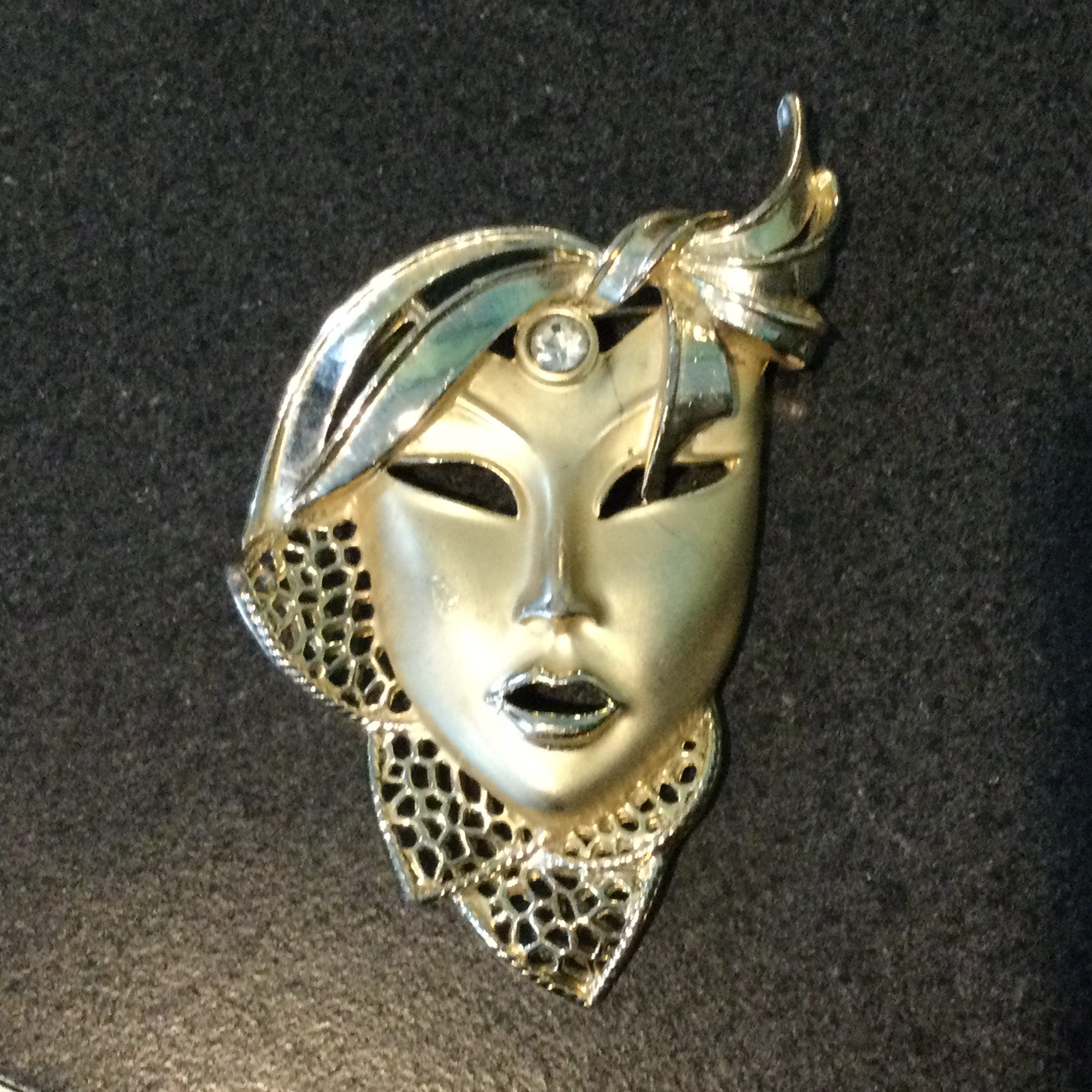 Vintage Face Mask Brooch Rhinestone Accent Brushed Gold Tone Face Mask Pin 3 Open Cut Face Mask Brooch Clear Sparkling Rhinestone Etsy