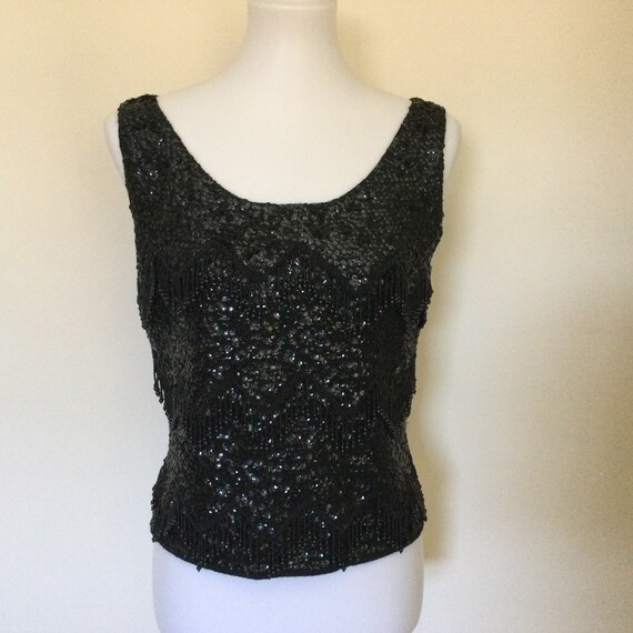 60s Vintage Black Bead Sequin Shell Top / Label S… - image 2