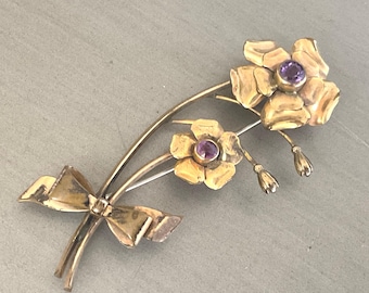 Art Deco Gold Filled Amethyst Flower Spray Brooch / Vintage K & B Stamped 12k Gold Filled Amethyst Stone Brooch / 40s Amethyst Gold Fill Pin