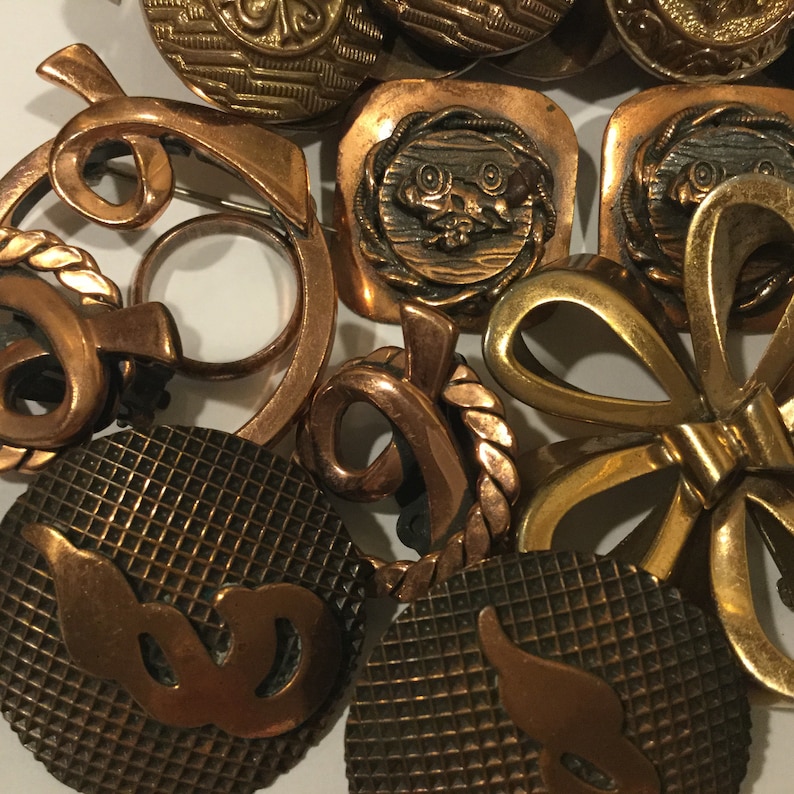 Vintage Copper Jewelry Lot 10 Pc Designer Signed Renoir Steiner Copper Brooches Brooches Earrings Button Bracelet Mid Century