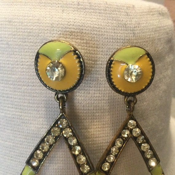 Huge Yellow Enamel Rhinestone Hoop 4" Earrings / … - image 7