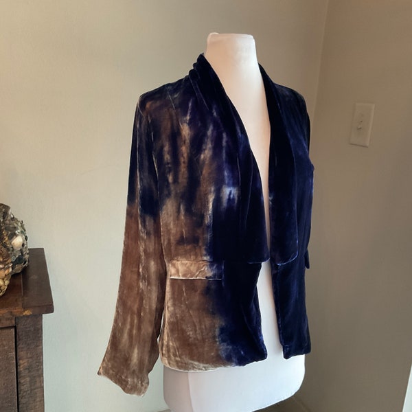 Boho Vintage Silk Velvet Dip Dye Draped Open Jacket S / Velvet Ombre Dk Blue to Champagne Taupe Evening Jacket / Silk Velvet Fancy Jacket