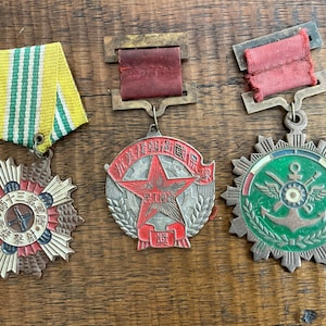 Vintage People&#39;s Republic of China Enamel Medals Set of 3 / Three Medals Peoples Republic of China Enameled Medals Badges & Awards