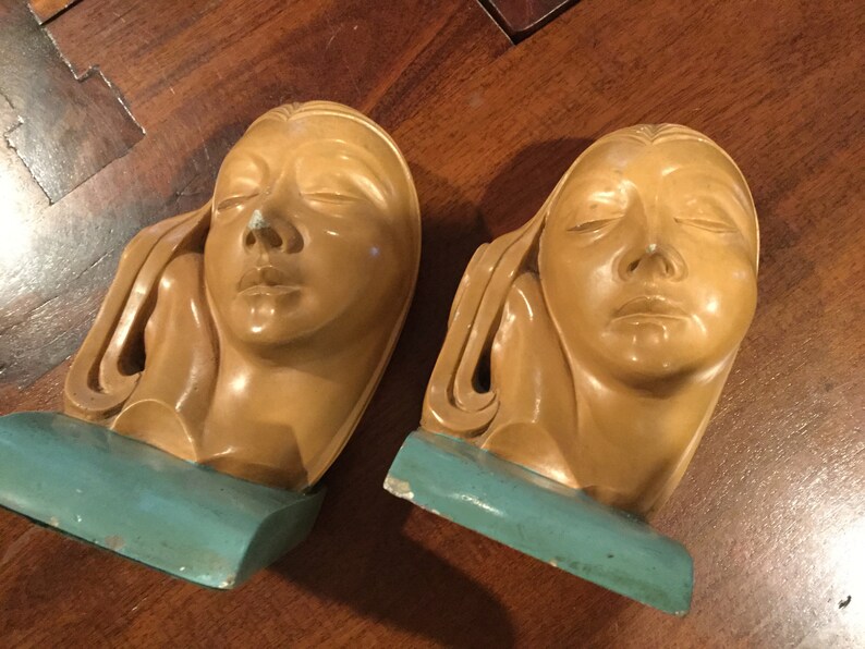 Art Deco Womans Head Bookends / Vintage Artcraft Chalkware Etsy