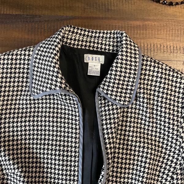 Check Zipper Wool Shirt Jacket / Black & White Houndstooth Check Zipper Jacket / Size M 38" Chest / Lightweight Wool Zip Shirt Jacket