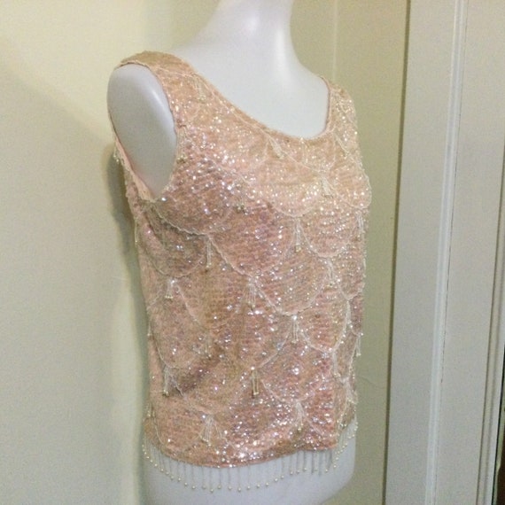 Vintage 50s-60s Pink Sequin Beaded Shell / Mod Go… - image 2