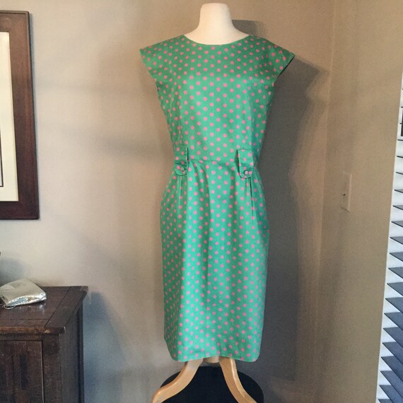 Vintage 50s Polka Dot Wiggle Dress / Green Cotton