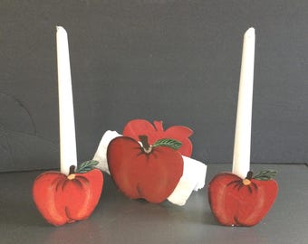 Apple Metal Painted Napkin & Candleholders 3 pc Set / Apple Candlesticks Napkin Holder Handpainted Apple Theme Table Decor Apple Lovers Gift