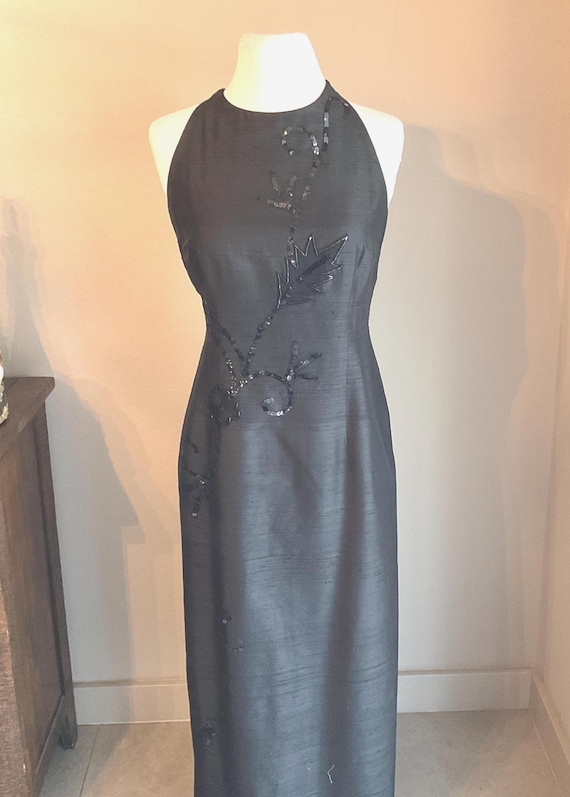 Black Silk Halter Maxi Dress Donna Morgan X Back Strap 10 / Silk Bead Formal Maxi Donna Morgan / Silk Formal Special Event Maxi Gown