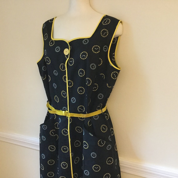 50s Novelty Clock Print Dress / Black Cotton with