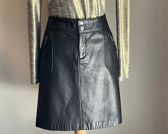 Lauren Ralph Lauren Black Leather Mini Skirt Size 14 / Black Butter soft Leather A Line Mini Skirt Lauren / Lauren Zipper Leather Mini Skirt