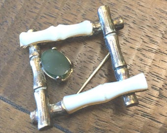 Sterling Vermeil Jade & MOP Brooch by Wells / Carved Bamboo MOP w Jade Brooch / Wells Signed Jade Shell Brooch / Vintage Jewelry Gift