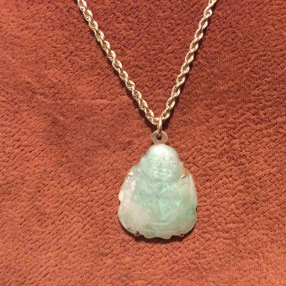 14K Gold Jade Necklace, Vintage Jade Carved Figura