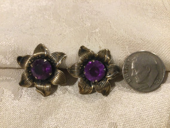 Sterling Vermeil Fuchsia Stone Flower Earrings / … - image 3