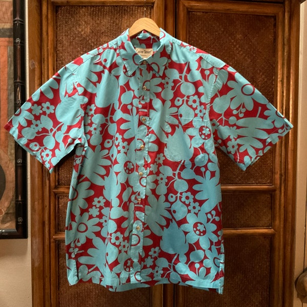 Hawaiian Floral Print Shirt Cooke Street Mens L / Mens Tropical Shirt Turquoise & Brick Red Mod Flower Design / Hawaiian Cotton Print Shirt