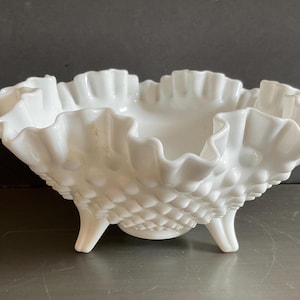 Fenton Hobnail Milk Glass 3 Footed Ruffled Bowl / Fenton Hobnail Ruffled Footed Bowl / Fenton Milk Glass Hobnail