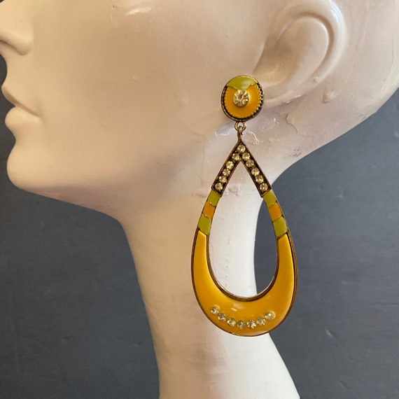 Huge Yellow Enamel Rhinestone Hoop 4" Earrings / … - image 1