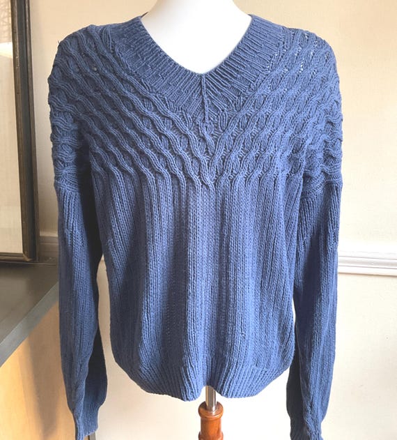 Valentino, Mens Valentino Sweater Uomo Cable Knit Sweater Blue Mens 44” Chest / Mix Knit Pattern Casual Boyfriend Swtr Linen Cotton Hong Kong