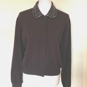 Vintage Beaded Collar Wool Cardigan Dark Expresso Size L / Liz Claiborne Beaded Peter Pan Collar Cardigan / Beaded Merino Wool Sweater