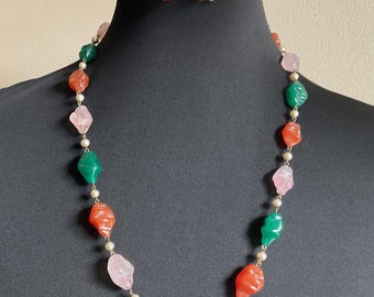 Vintage Agate Gemstone Art Glass Nugget Necklace w Matched Scarab Earrings / Demi Parure Art Glass Agate Mix Set Statement Necklace Earrings