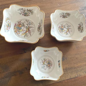 Vintage Limoges France Castel 3 Pc Nesting Set Square Bowl Bird Fruit in Basket Gold Rim / Limoges Nesting Bowls Set