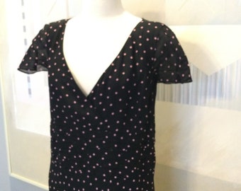 Polka Dot Dress Evan Picone / Black w Pink Polka Dots Midi Dress / 42 chest 36” waist / Evan Picone Rayon Crepe Flowing Wrap Polka Dot Dress