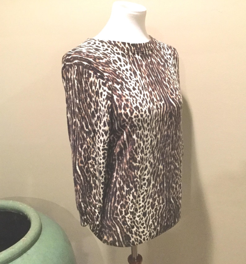 Leopard Print Merino Wool Sweater Med / Animal Print J Crew Wool Pullover / Ribbed Trim Classic J Crew Leopard Merino Wool Sweater image 3