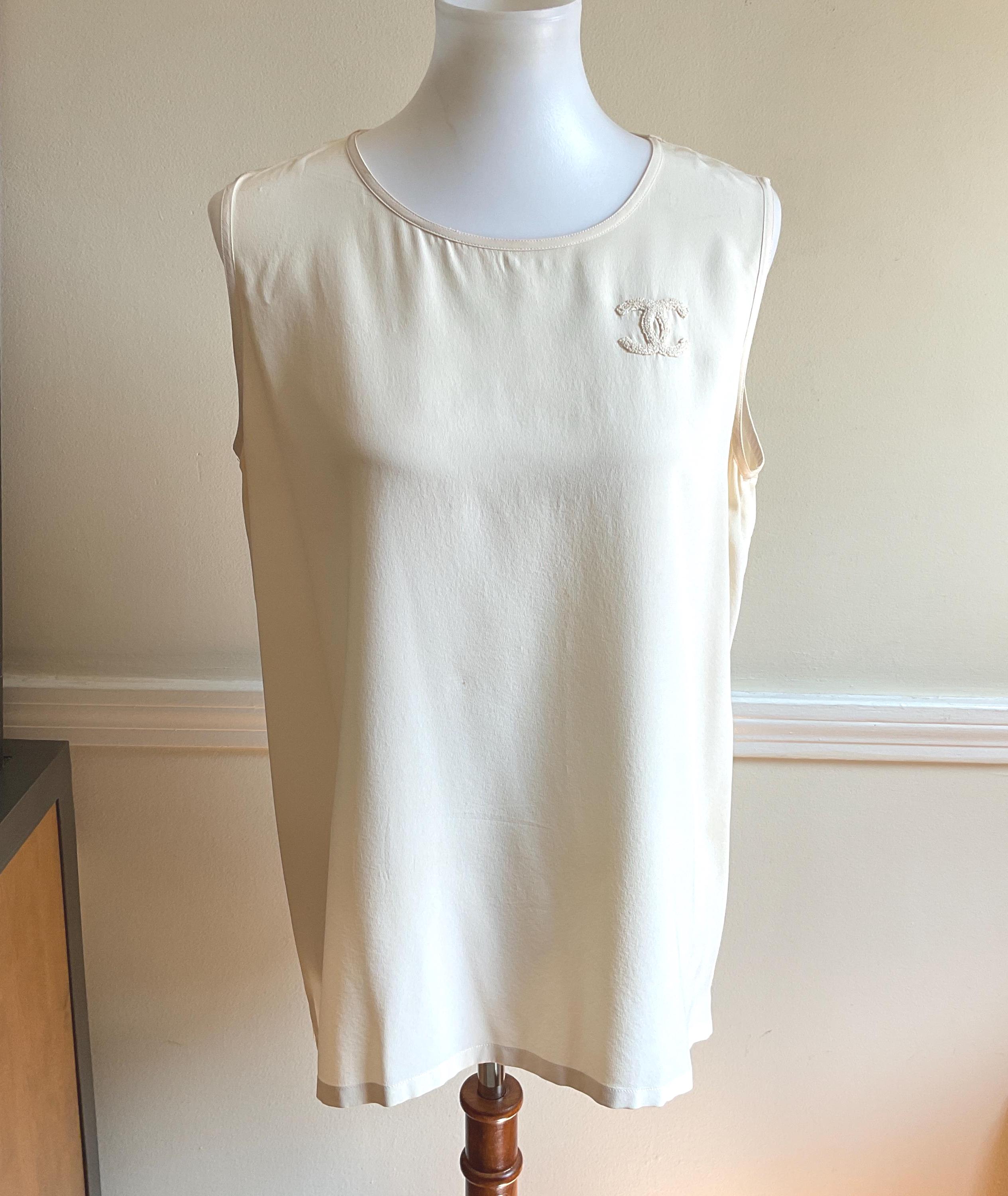 Vintage 80s Chanel Ivory Silk Crepe Shell Blouse 40 Chest / Chanel Boutique Cream Silk Shell Emb "CC" Chest Logo 3 Gold CC Buttons As Is