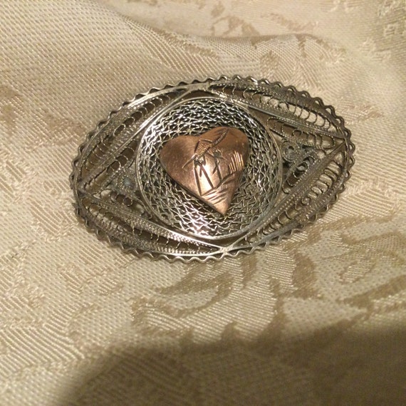 Egyptian Silver Filigree Brooch w Rose Gold Heart… - image 2