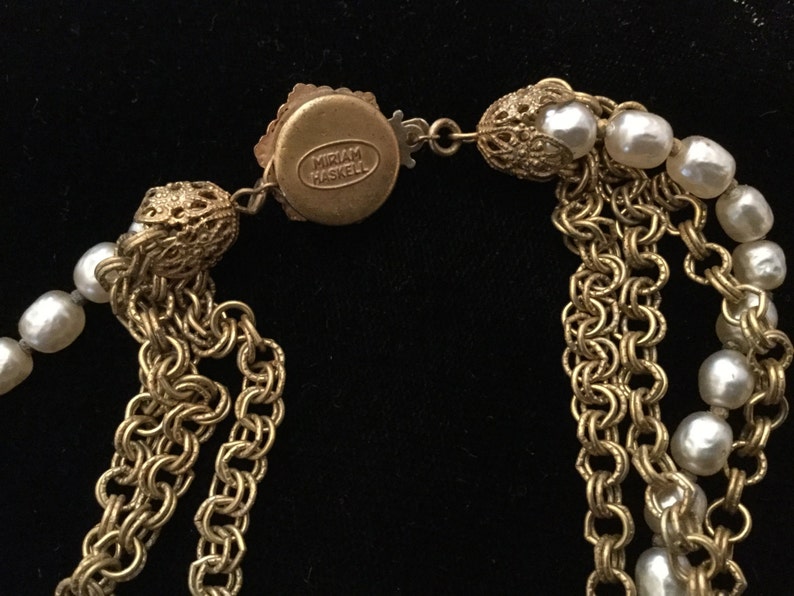 MIRIAM HASKELL Baroque Pearl NECKLACE 4 Strands 28 3 Double Link Russian Gold tone chains Faux pearl-encrusted Signed Round Box Clasp