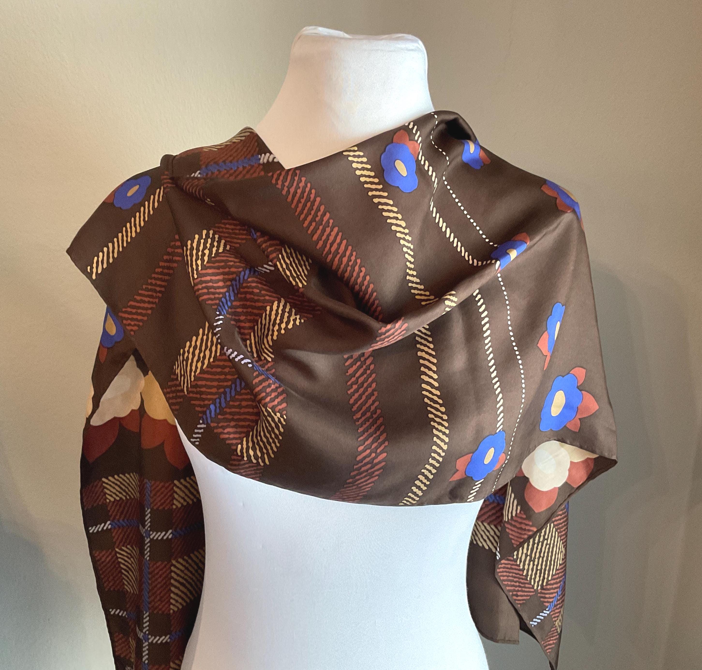 Foulard Carré Echo En Soie Vintage 70x70cm - Couleurs Marron, Kaki, Vert