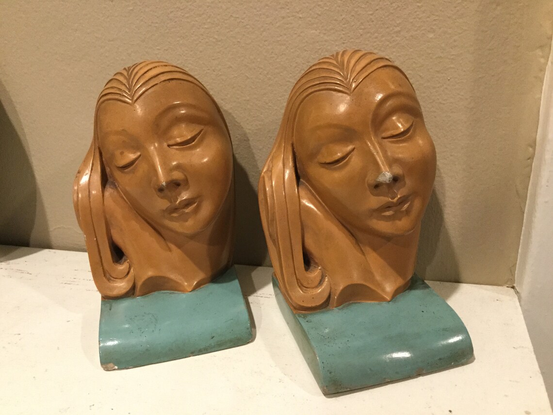 Art Deco Womans Head Bookends / Vintage Artcraft Chalkware Etsy