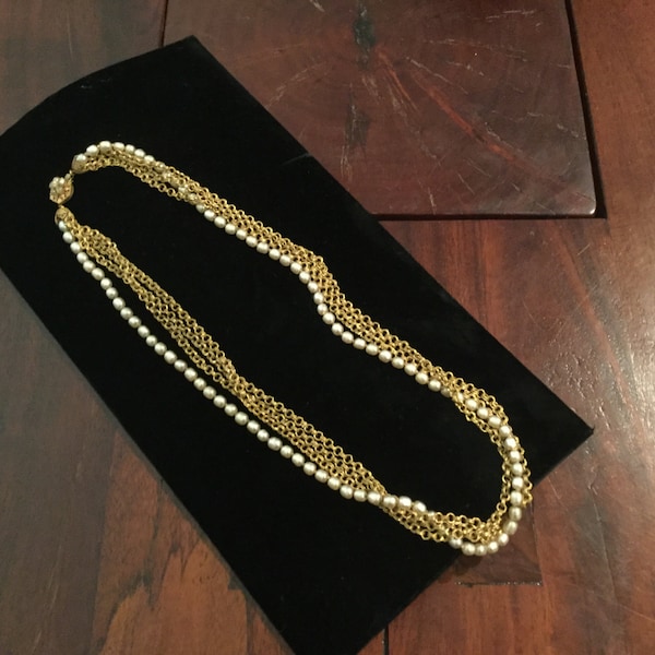 MIRIAM HASKELL Baroque Pearl 4 Strand 28" NECKLACE / Pearl & 3 Russian Gold Tone Chains Necklace / Faux Pearl Signed Miriam Haskell Clasp