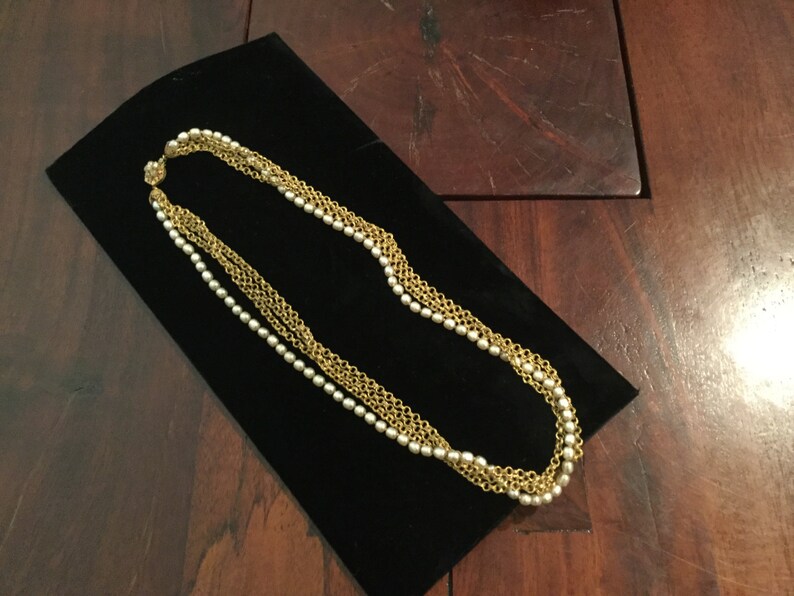 MIRIAM HASKELL Baroque Pearl NECKLACE 4 Strands 28 3 Double Link Russian Gold tone chains Faux pearl-encrusted Signed Round Box Clasp