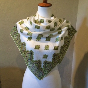 Vintage Silk Scarf Moroccan Inspired Print / Olive Tan Black w White Background / Moroccan Style Designs / Hand Rolled Stitched Borders