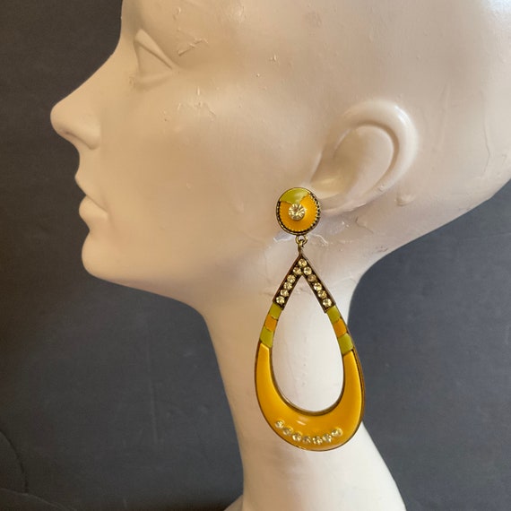 Huge Yellow Enamel Rhinestone Hoop 4" Earrings / … - image 2
