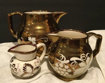 Lot Copper Luster Pitcher Creamer Collection 3 Pc / Grays Pottery Stoke on Trent England / 3 Pc Pitcher Creamer Mini Creamer / Copper Luster