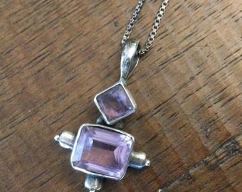 Amethyst Double Pendant Sterling Necklace 19” Box 925 Chain / Faceted Amethyst Double Pendant w Sterling Box Chain / Amethyst & Sterling