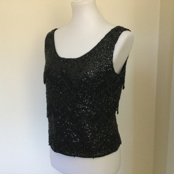 60s Vintage Black Bead Sequin Shell Top / Label S… - image 1