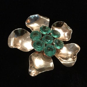 Vintage 40s STERLING FLOWER BROOCH Aquamarine Glass Stones / Lg Sterling Brooch 2.75&quot; / Vintage Sterling Jewelry / Sterling Jewelry Gifts