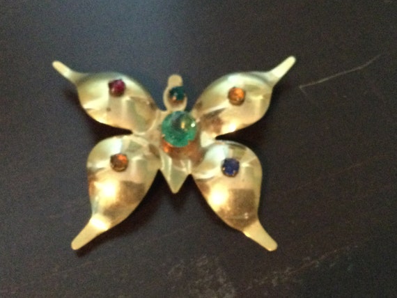 Art Deco Jeweled Butterfly Brooch / Vintage Gold … - image 4