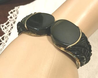 1940s Bakelite &  Brass Clamper Cuff  Bracelet / Black Bakelite Deep Carved  on Brass / Bakelite Carved Black Overlay / 40s Bakelite Jewelry