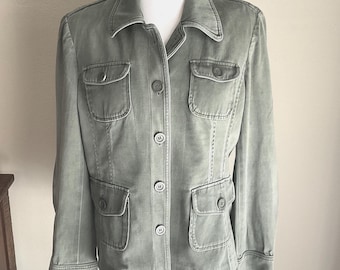Womens Military Style Shirt Jacket Green INC Lg 40" Chest / Utility Green Wash Jacket Epaulettes Pockets Gothic Steampunk Vintage Outerwear